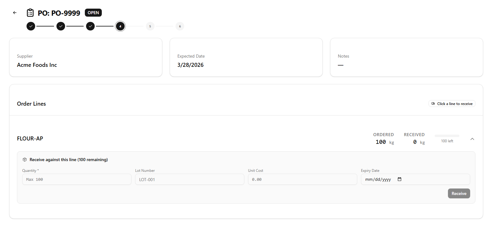 Purchase order receiving screen with lot number capture